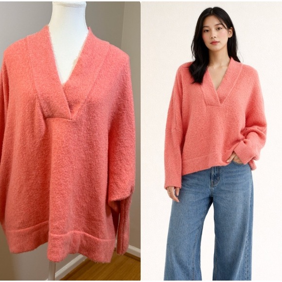 Anthropologie V-Neck Pullover Sweater Women Size M Coral Batwing Sleeve - Picture 9 of 9